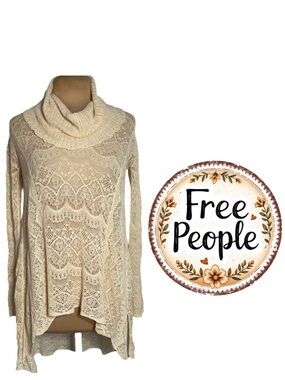 Free People cream Pointelle knit high low cowl neck tunic Size XS